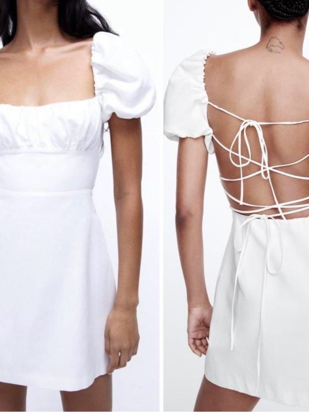 Zara White Mini Dress M Puff Short Sleeve Square Neck Open Back Bridal Coquette